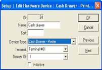 Edit Cash Drawer - Printer ID - Name - Sort - Device Type - Terminal - Drawer ID - In-Active - OK - Cancel - Previous - Next - The Identifying number given to this device by the onepos system.