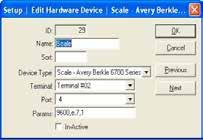 Edit Scale - Avery Berkel 6700 Series ID - Name - Sort - Device Type - Terminal - Port - Params - In-Active - OK - Cancel - Previous - Next - The Identifying number given to this device by the onepos