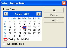 7.6 - Journal Start Date Only Report Start Date - Run Printer Setup - Print - Preview - Cancel - Lets you select the Start Date for the report.