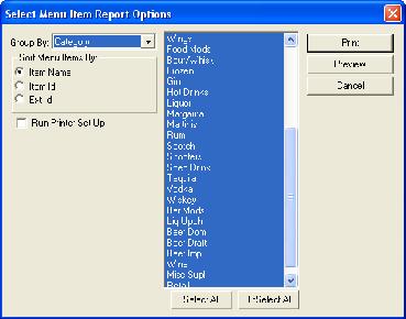 7.9 - Sort Menu Items and Group By Reports Sort Menu Items By - Allows you to print the report sorted by placing the bullet point in the search criteria Item Name - Sorts all Items by their Name.