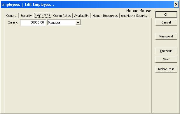 Edit - Pay Rates Tab This window allows you to set specific hourly rates of pay for the employee, based on what pay categories they are permitted to work in. An entry of 5.