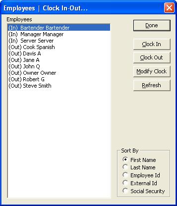 2.4 - Clock Employees In / Out This window allows you to clock an employee into or out of the system or adjust a currently clocked In employee s time.