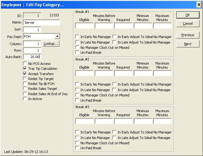 Edit This window lets you modify the currently highlighted pay category. ID - The identifying number given to the pay category by the system and can not be changed.