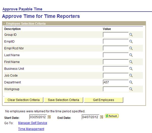 Reviewing Payable Time Search Group ID to get employees you supervise and select a group.