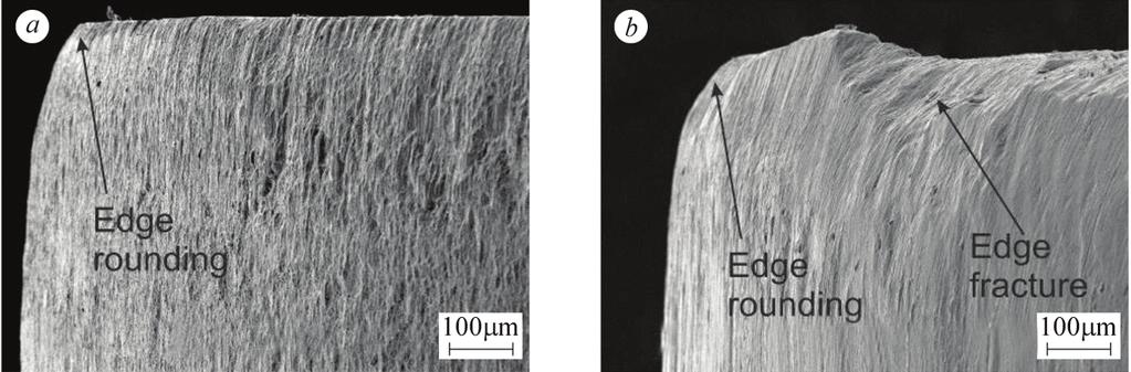 518 M. ÇÖL, D. KIR, AND E. ERIŞIR Fig. 5. SEM micrographs of the edge wear after blanking tests: (a) AlCrN-coated after 120,000 strokes, (b) uncoated after 65