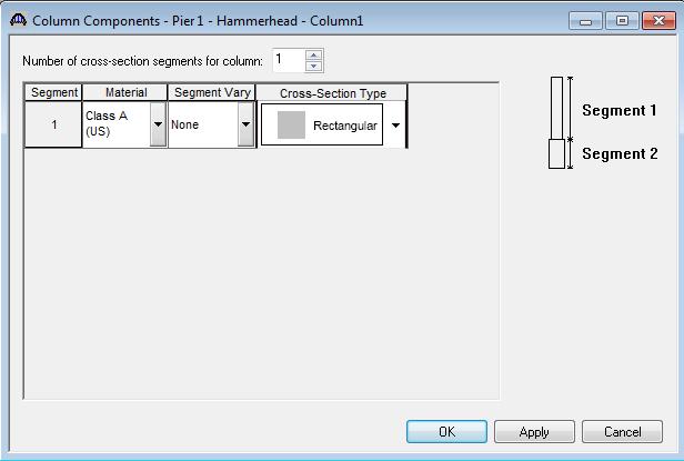 The Column Components window is shown below. This window allows you to specify the cross-section segments in the column. Segment cross-sections can vary linearly over their height.