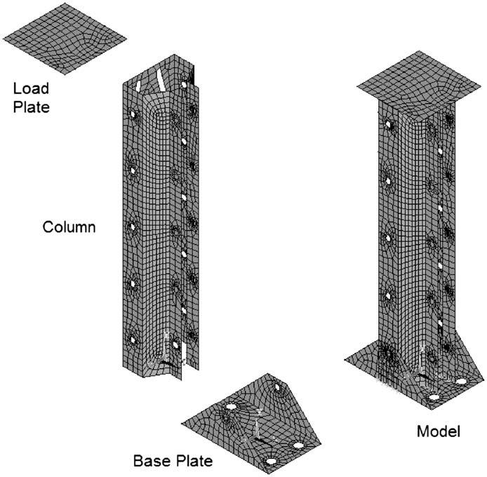 This modeling is complex, because there is contact between the areas in the column flanges and the base plate lips, and between the nodes at the end of the column and the area in the base plate foot.