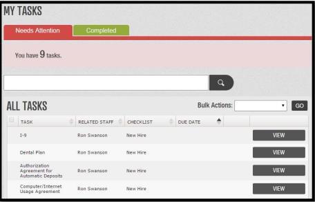 This is where you can view and complete any outstanding tasks you have been assigned as an employee or as a HR Contact for new employees.