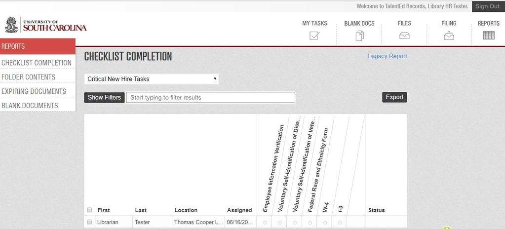 4. To monitor checklist completion, click REPORTS and select a checklist from the dropdown menu.