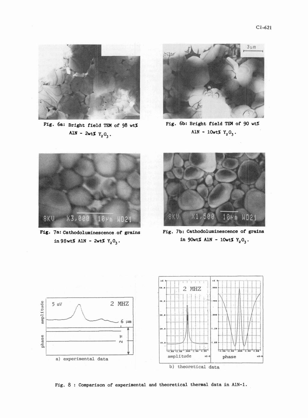 Fig. 6a: Bright field TPI of 98 wt% *IN - Zwt% Yz O3. ~ig. 6b: Bright field TEM of 90 wt% AIN - 10wt;Y Y20J. Fig. 7a: Cathodoluminescence of grains in 98wt% A1N - 2wt% Y203. Fig. 7b: Cathodoluminescence of grains in gowt% A1N - lowt% Y2O3.