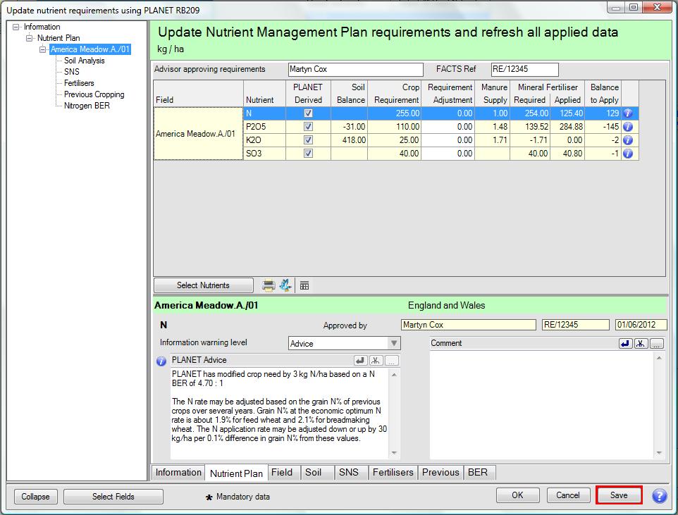2. A Nutrient Management Plan will be created for each field selected and the results will be displayed in the Update nutrient requirements using PLANET RB209 window.