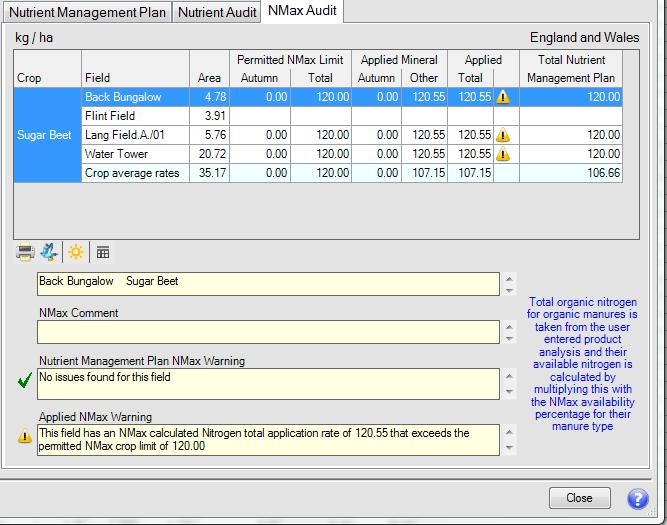 NMax Audit The data displayed in the NMax Audit tab is based on the Nutrient Management Plan and shows an audit of nitrogen applied to the individual fields on a farm, the NMax limit applies to the