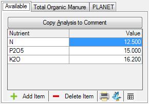 Likewise if you have your own lab analysis of the Manure or Fertiliser then add the relevant nutrient(s) by clicking the button and