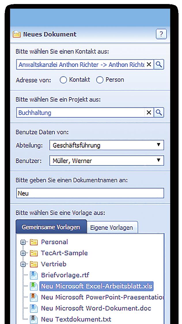 Document templates Intigrate document templates (created with Microsoft Office) and generate documents within the system, including data takeover from fields with the help of field variablen.