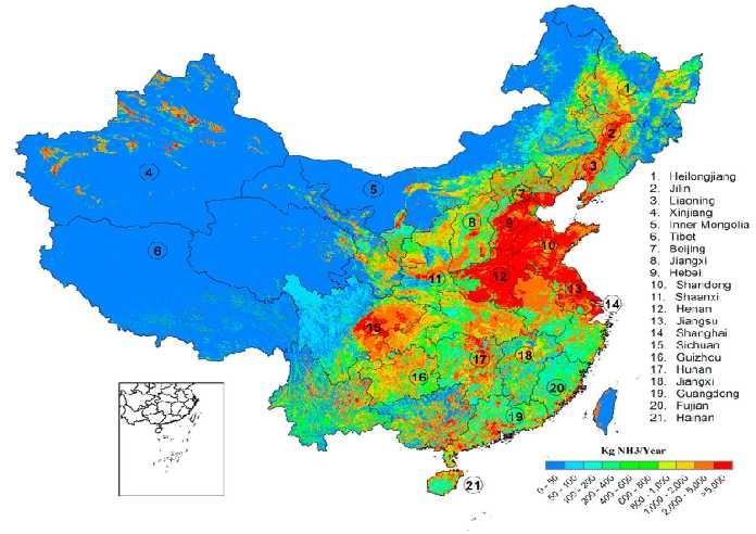 Map of NH 3 emission in China NH 3 emission in