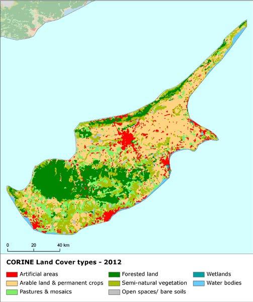 Land cover 2012 Overview of land cover & change In the period, there has been observed significant decrease of intensity of overall land cover change in Cyprus, characterized by decrease of the