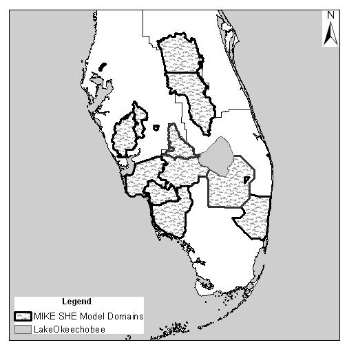 Fig. 2 Coverage of local models developed in South Florida using MIKE SHE (left) and the location and surface drainage network of the Big Cypress Basin (right) scale hydrological catchment model in a