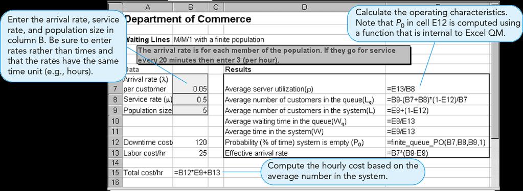 Department of Commerce Example Excel QM input data and formulas for solving the