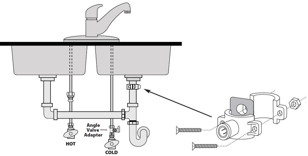 11 Drain Clamp Assembly Choose the Reverse Osmosis drain outlet location. The following are instructions for discharging in the sink drain pipe.