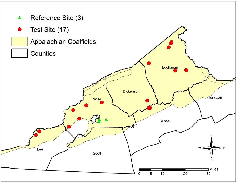 Results & Discussion Site Selection The site selection process yielded 17 test streams within Virginia s Central Appalachian coalfield region where elevated TDS was the primary stressor to aquatic