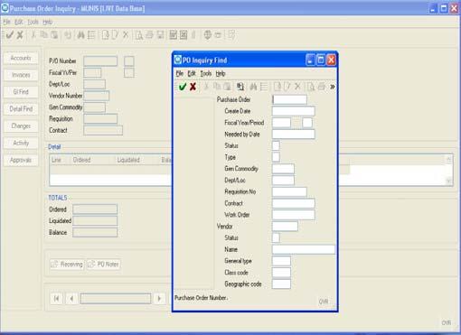 REFERENCE YOUR MUNIS ISSUED PURCHASE ORDER MUNIS Go to the Tree Menu (Left of screen): o Select Dept. o Then select D. Purchase Order Inquiry screen by Double Clicking it. Click the Find button.