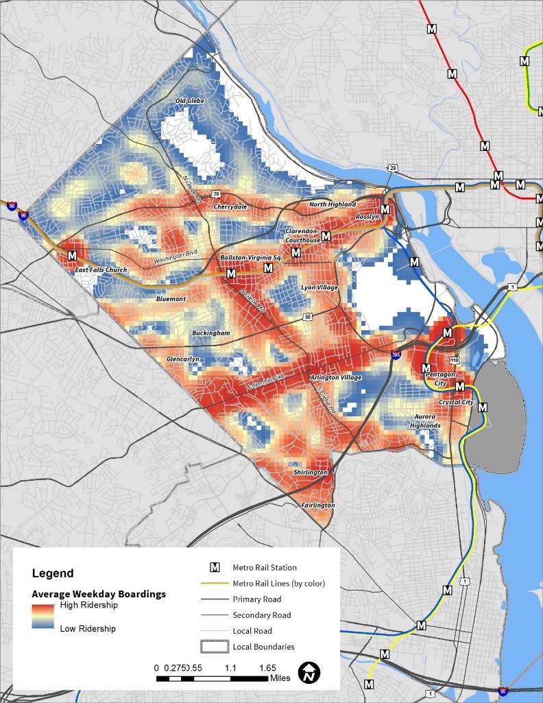 ART and Metrobus were also evaluated by stop, illustrating that the highest concentrations of passenger boardings were in four locations: The Rosslyn-Ballston corridor; The Glebe Road corridor