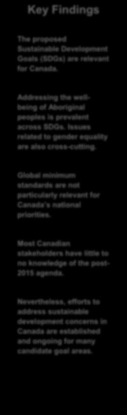 Key Findings The proposed Sustainable Development Goals (SDGs) are relevant for Canada. Addressing the wellbeing of Aboriginal peoples is prevalent across SDGs.