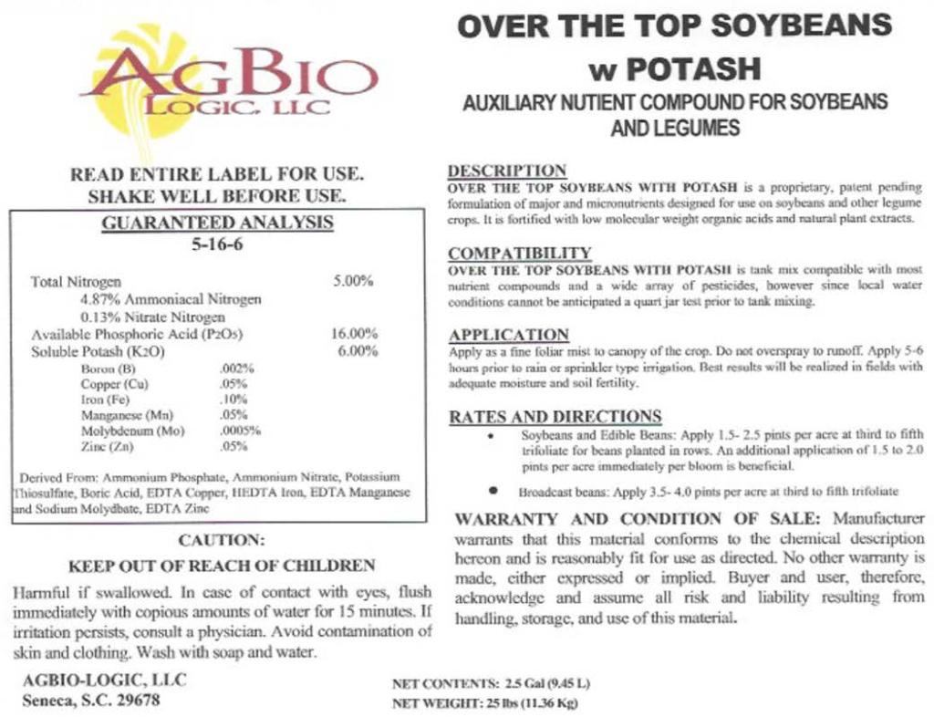 AGBIO-LOGIC Over The Top w/potash Proprietary liquid nutrient formulation for soybeans Humic acid + NPK