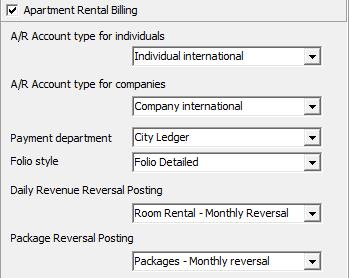 1. Apartment Rental Billing: Activate the flag if this features should be used 2. A/R Account type: Define which A/R account should be used for Apartment Rental Billing 3.