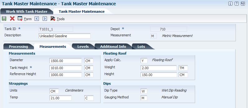 Setting Up a Tank Figure 7 2 Tank Master Maintenance form - Measurements Tab This graphic is described in surrounding text.