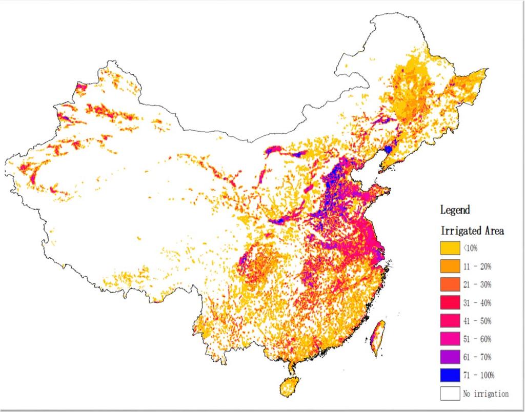 Gray infrastructure: irrigation Irrigation China has irrigated area of 60 million ha (world s largest; 21% of the world s total) Accounting for about 45% of the arable land, irrigated land produces