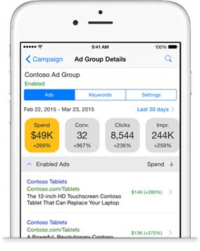Bing Ads for ios App Quickly and easily update your account on the go View performance data, edit budgets and change bids, all while you re away from your