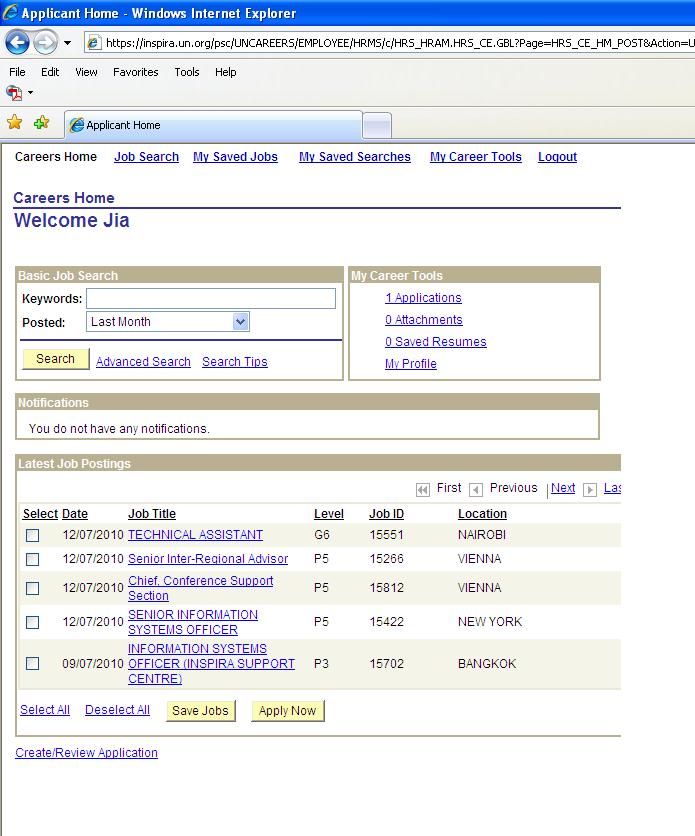 Step 10: After logging in, you need to create your profile by accessing on the right side of your screen the box titled My Career Tools.