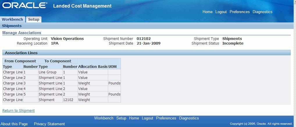 View Manage Associations page The View Manage Associations page appears displaying all of the charge line associations.
