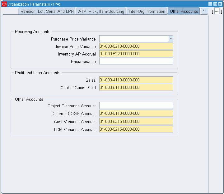 Organization Parameters - Other Accounts window The Organization Parameters - Other Accounts page appears. 4. In the Other Accounts region of the page, enter a LCM Variance Account. 5. Save your work.