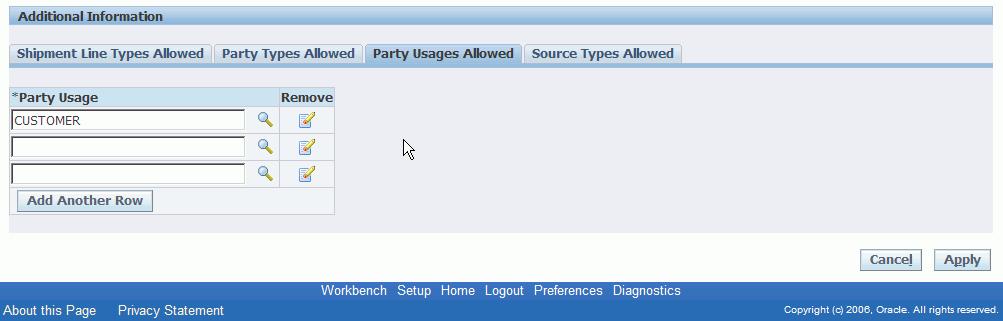 Party Types Allowed tab The Party Types Allowed tab appears. 10. Select the Party Types that can be used with this shipment type.