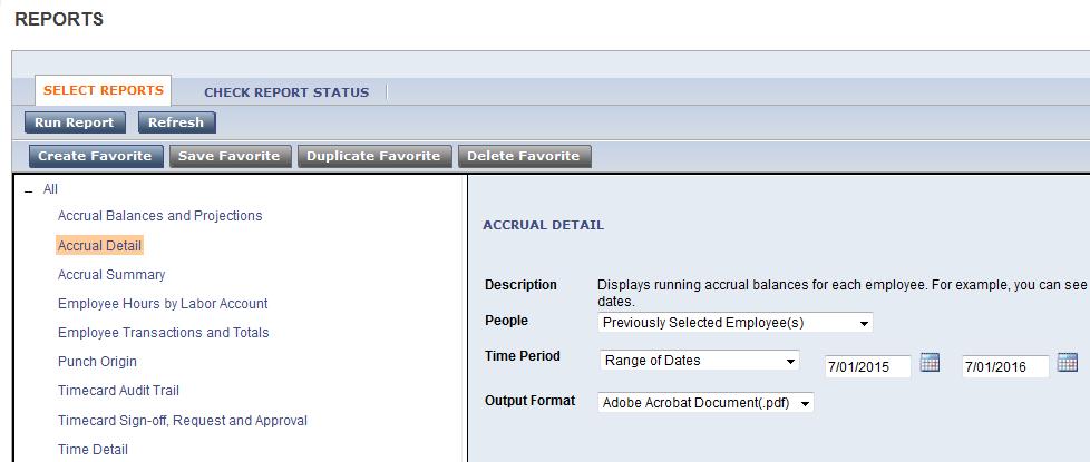 5. When the Accrual Detail Options Screen opens, select a Time Period for the report.