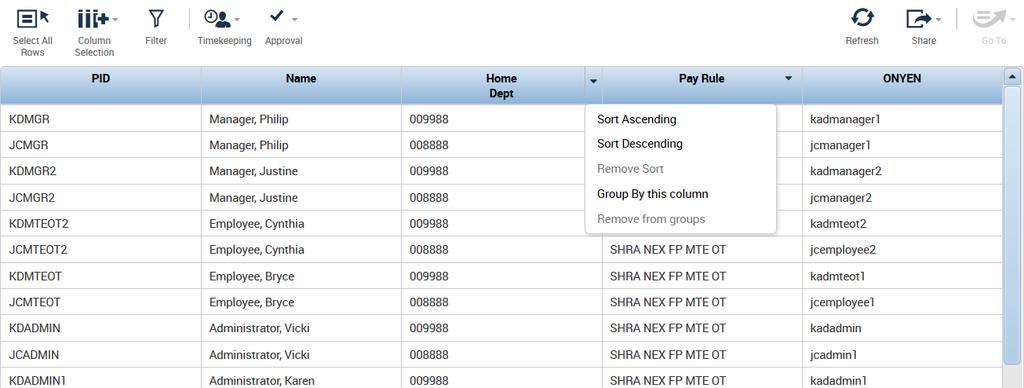 For example, you can group employees by home department number To do so, click the dropdown arrow