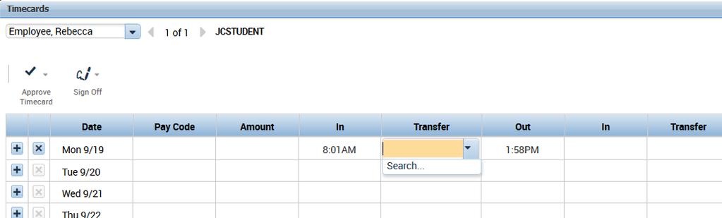 To Transfer a Shift Worked to a Secondary Position In the employee s timecard, locate the date that the transfer should have occurred on.