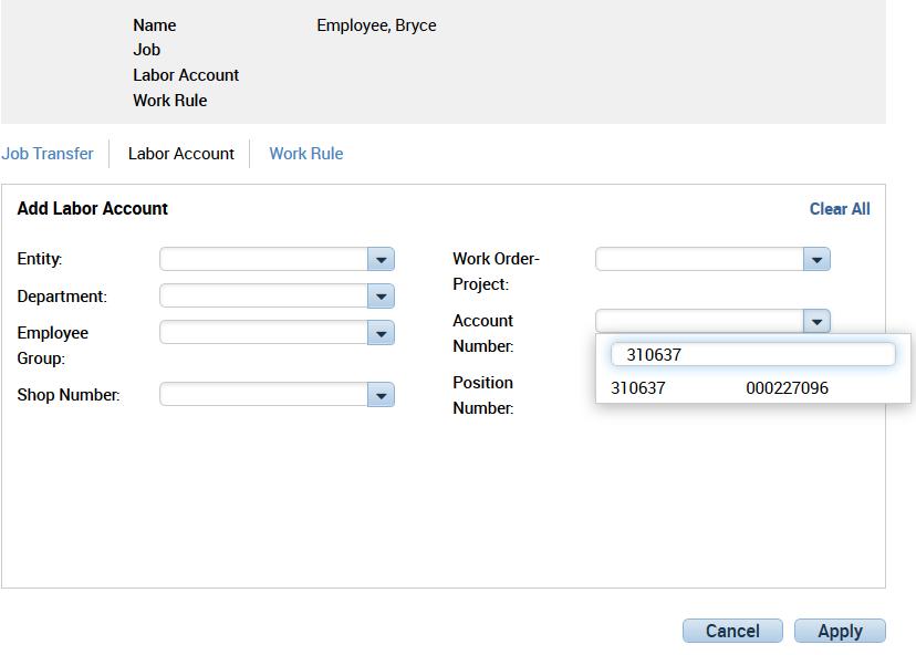 Then, click Search. Click Labor Account and enter the new account number in the Account Number field.
