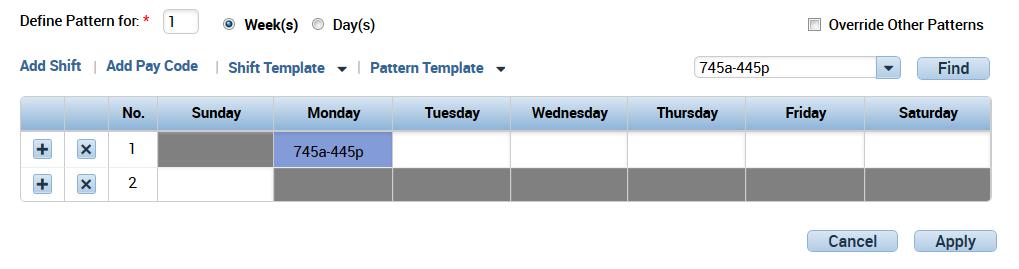 If the shift hours worked by the employee is not one of the pre-set patterns available in the Shift Template or Pattern Template functions, you also have the option of manually typing
