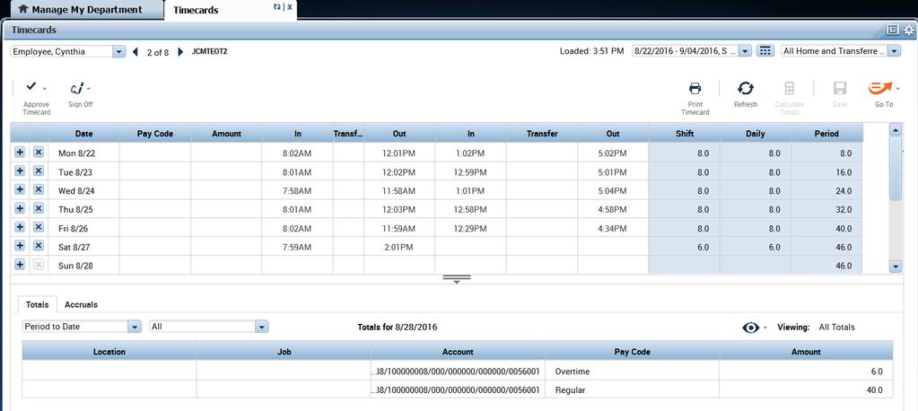 To show the overtime vs. regular time breakdown for the specific week, go to the Totals tab and select Period to Date.