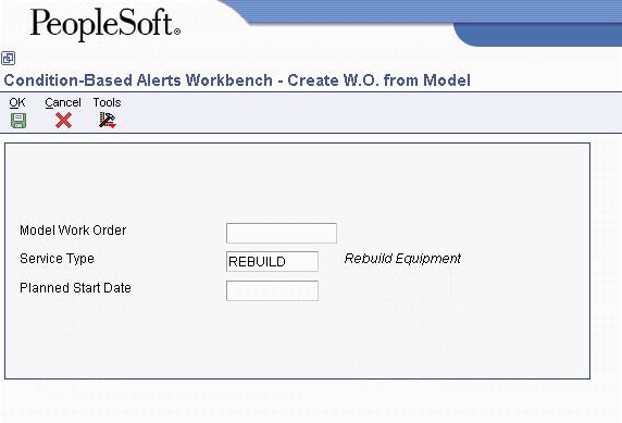 7. On Create W.O. from Model, complete the following fields and click OK: Model Work Order Service Type Planned Start Date If you enter a date in this field, the system uses that date for the planned