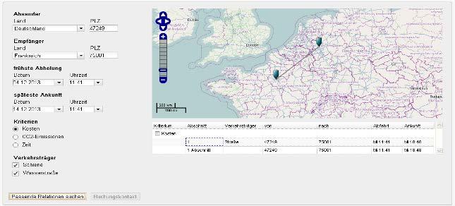 platform calculates transport alternatives for ship or rail thus supporting the build-up of new connections Analysis include door-to-door routing, departure times, delivery and collection