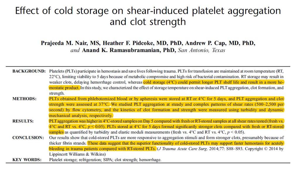 Cold stored platelets may support faster hemostasis for acute bleeding Cold-Stored Platelets Clinical Studies Small number Supporting refrigeration J Lab Clin Med 1978;