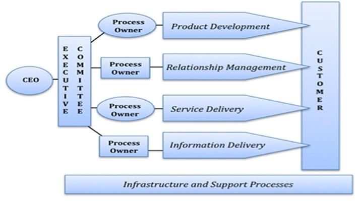 The Process Structure A structure consist of multidisciplinary teams around CORE/MAJOR processes such as product development, customer support etc. Process Owners are identified to manage the process.
