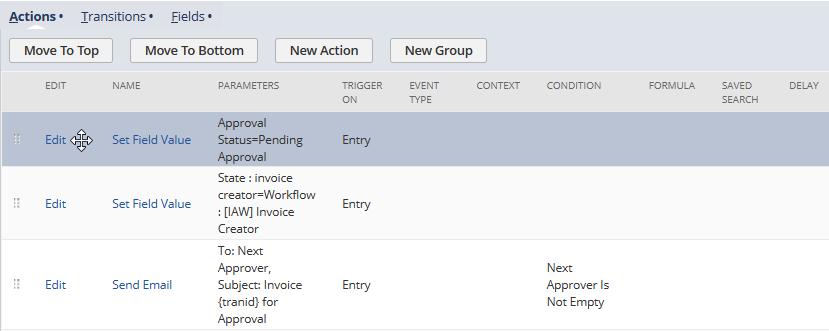 Customizing the Invoice Approval Workflow 23 Another way to reorder is by editing the specific Action page. On the Workflow State page, click the Edit link for the action to be reordered.