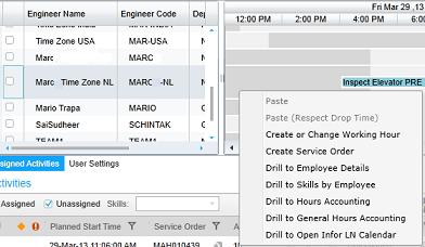Assigned Activities Section -GANTT Create or Change Working Hour Using this option, you can change the status of the working hours of an engineer to Available or Unavailable.