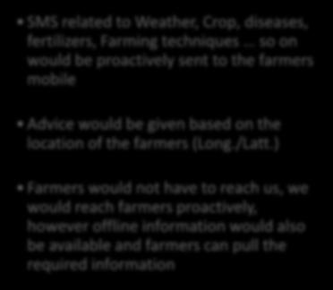 SMS SMS related to Weather, Crop, diseases, fertilizers, Farming techniques so on would be proactively sent to the farmers mobile Advice would be given