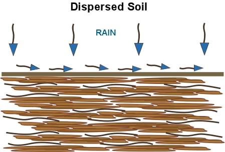 This results in dispersion, an electro-chemically induced process which causes soil clay particles to repel each other, physically move apart, and clog soil macropores (i.e., clog the large openings in the soil).